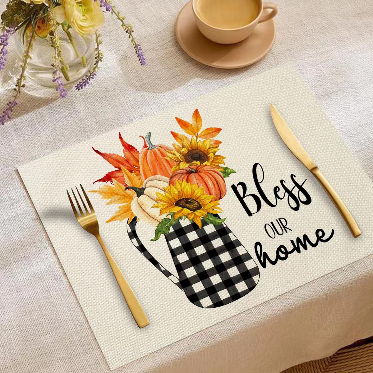 Transfronterizo temu explosión Día de Acción de Gracias otoño calabaza lino estampado conjunto lino estampado mesa de restaurante