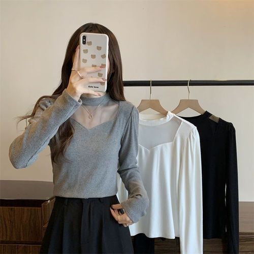 Thin mesh knit pure color women's clothing hidden belly button trick women's long sleeve t-shirt niche plus size base shirt