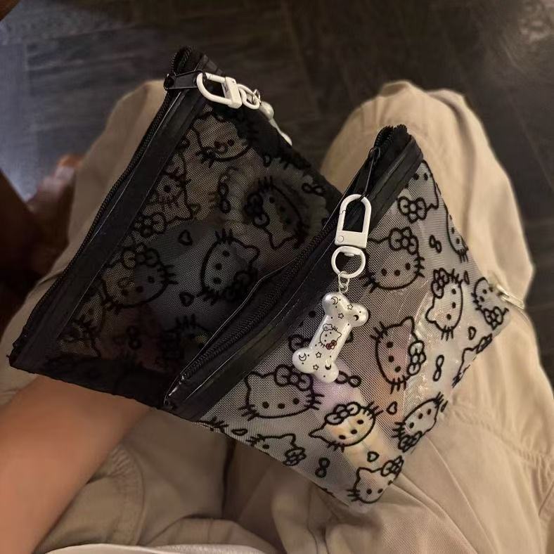 透明网纱kitty补妆包便携外出化妆包收纳旅行装实用零钱包耳机包|undefined
