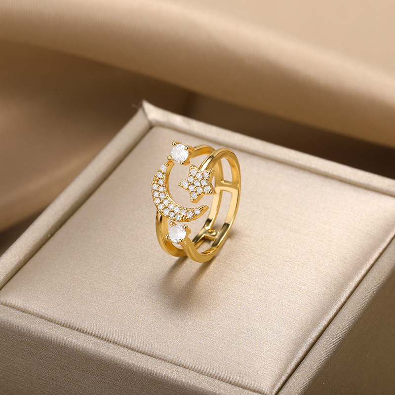 Brass Material Star, Moon Pattern 1 Piece Fashion Star Moon Brass Plating Inlay Zircon Open Ring