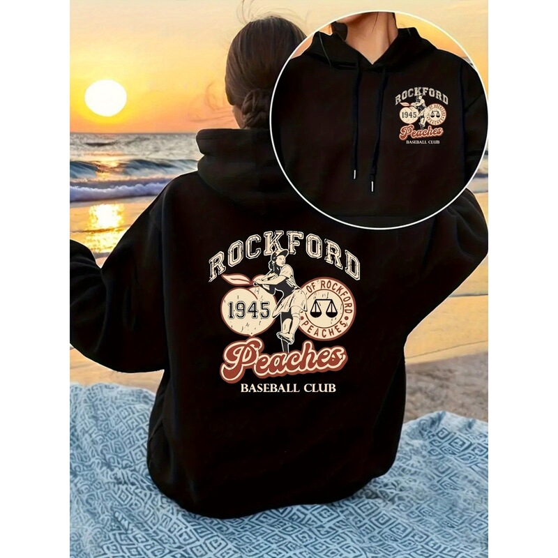 【European Size】Hooded Sweatshirt with Front and Back Prints, Rockford Peaches, Baseball Club Print for Men and Women