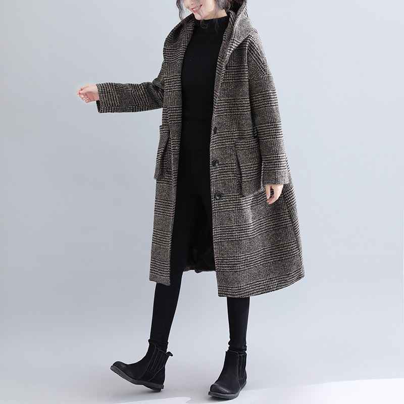 Abrigo de lana de longitud media con estampado de pata de gallo, estilo japonés y coreano, elegante, nuevo estilo de invierno 2024, 4 colores, talla grande, ropa para mujer