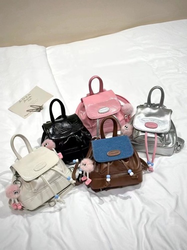 Retro all-match denim stitching backpack 2024 summer new style student cute plush bear backpack charm trend