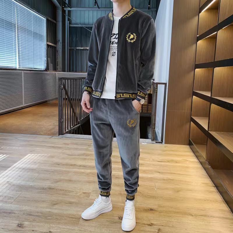 Traje deportivo para hombre Otoño e Invierno Nueva ropa deportiva de terciopelo dorado para hombre casual Chaqueta de punto con capucha de manga larga