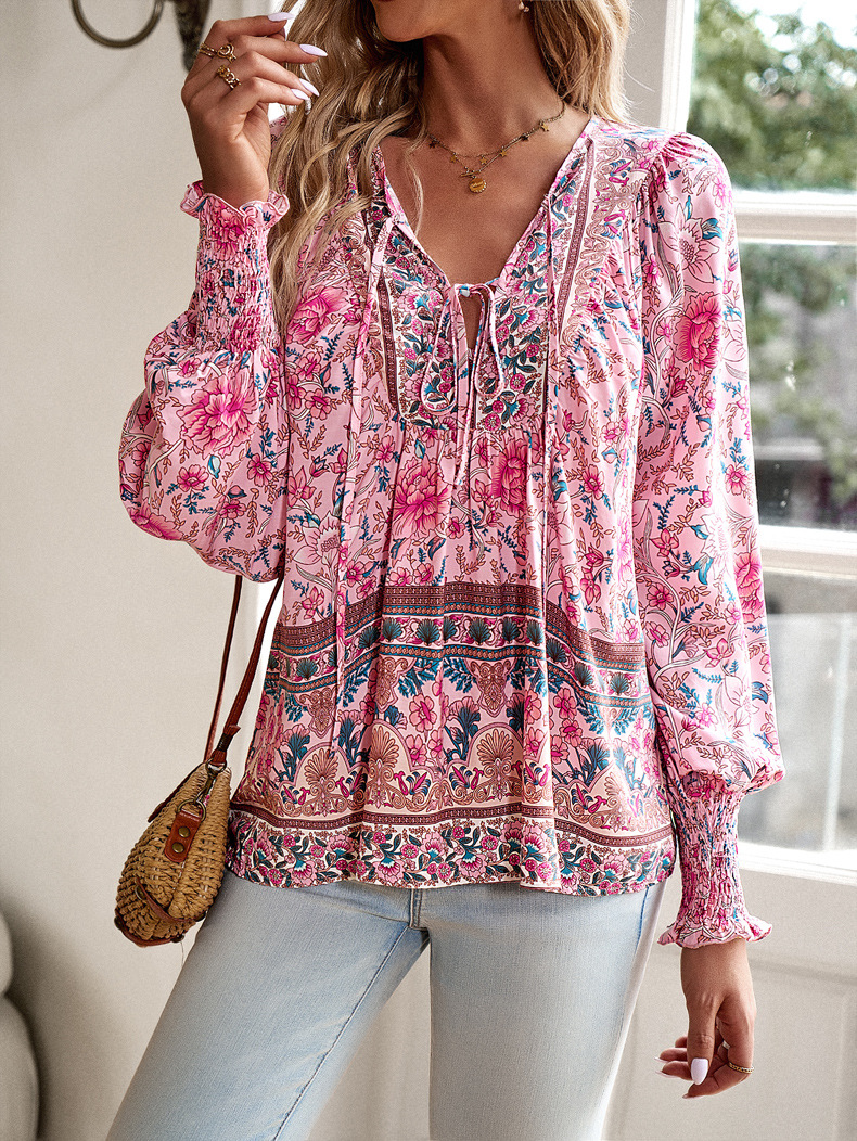 Women's Casual V Neck Long Sleeve Printed Blouse