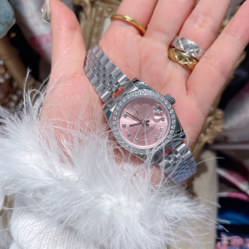 Laojia Classic Diary Dog Tooth Watch for Women, Pink and Green, Fully Automatic Stainless Steel Women's Watch, Waterproof