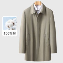 2025秋季新款男士中长款纯棉风衣翻领暗扣后开叉商务休闲外套