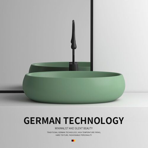 Nordic Khaki Morandi Green Elliptical Bathroom Sink with Pedestal, Household Ceramic Wash Basin for Bathroom and Balcony