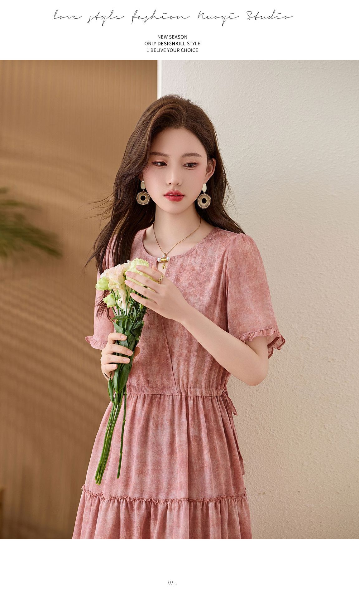 Đầm maxi nữ thắt eo cổ V tay ngắn họa tiết hoa dáng dài GT8207 — xanh lam, Màu hồng chi tiết 25