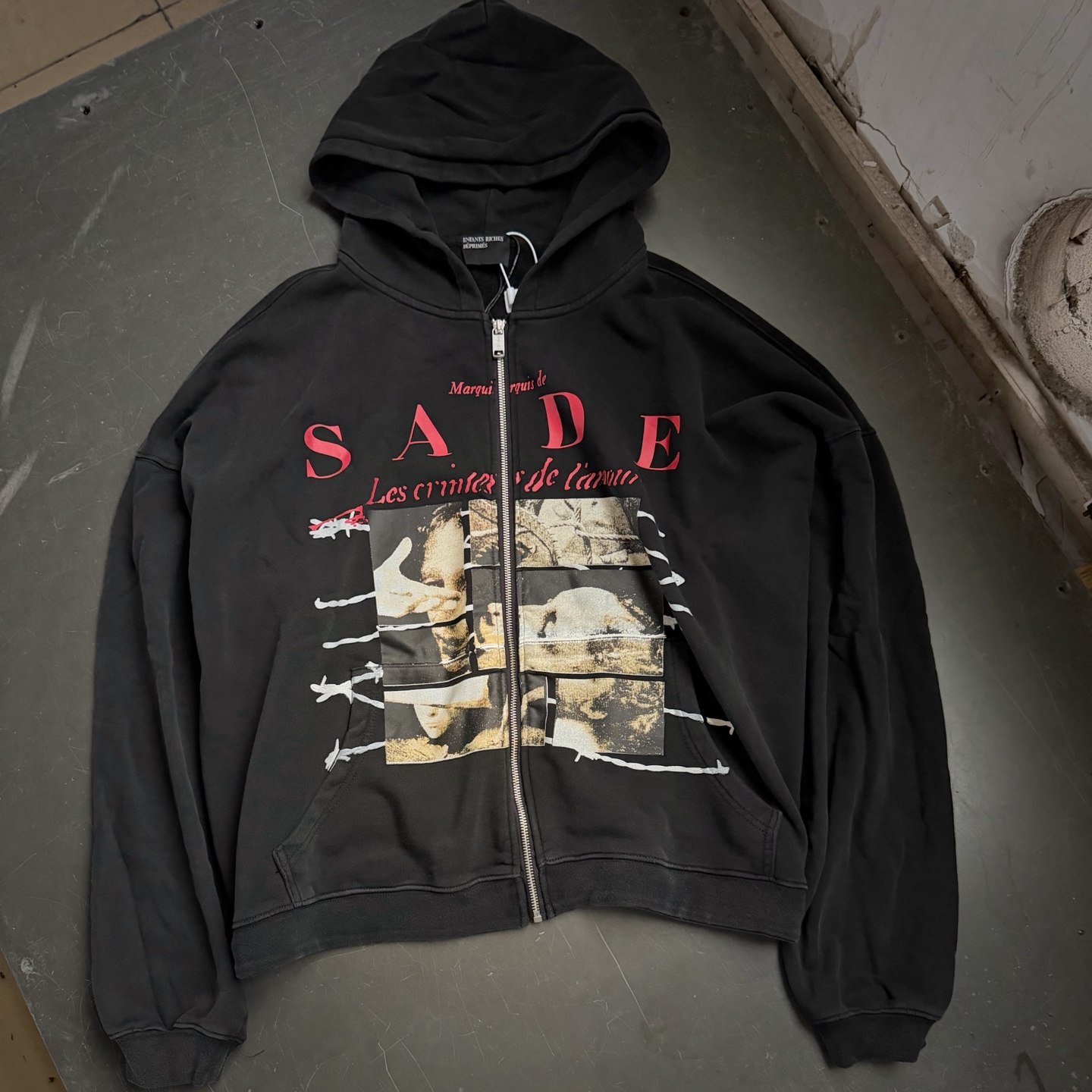 480g heavyweight ERD melancholic rich second-generation printed hooded sweatshirt, unisex, washed and distressed, with a zipper