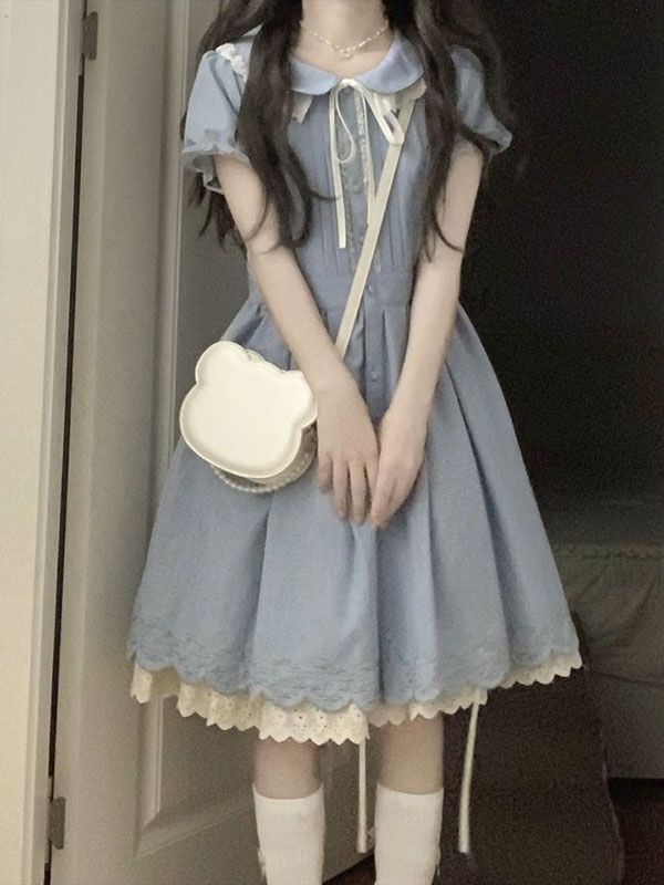 Korean Style College Style Sweet Waist Slimming Puff Sleeve Dress Women's Summer Lace Skirt Korean Style College Style Sweet Waist Slimming Puff Sleeve Dress Women's Summer Lace Skirt