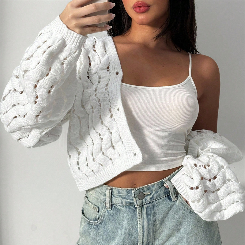 Women's Three-Dimensional Hollow-Out Knit Cardigan, Short V-Neck, Sweet and Cool Bohemian Style, Breathable Layered Hollow-Out Top