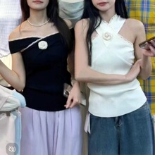 交叉挂脖带花蕾丝边无袖针织背心女夏季设计感小众辣妹无袖小上衣