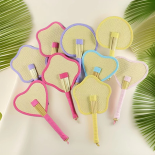 Straw Woven Cattail Fan, Wheat Straw Portable Hand-Cranked Cattail Fan, Cute Handmade Round Fan, DIY Chinese Style Portable Souvenir Fan