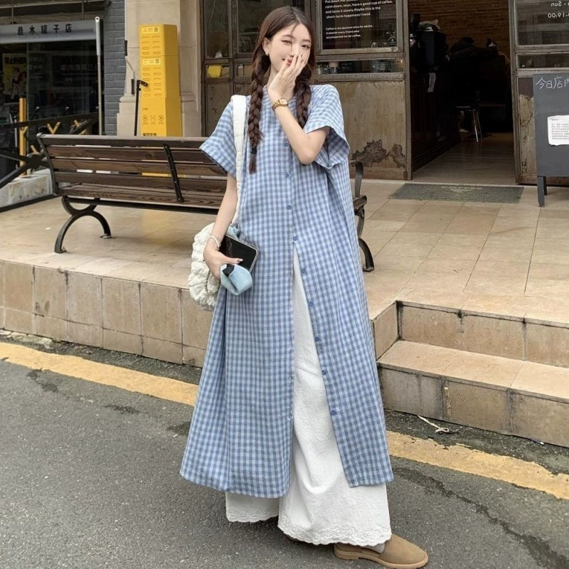 Клетчатая длинная дизайнерская рубашка с короткими рукавами в праздничном стиле для женщин, летние новые свободные повседневные брюки, модный тренд костюма