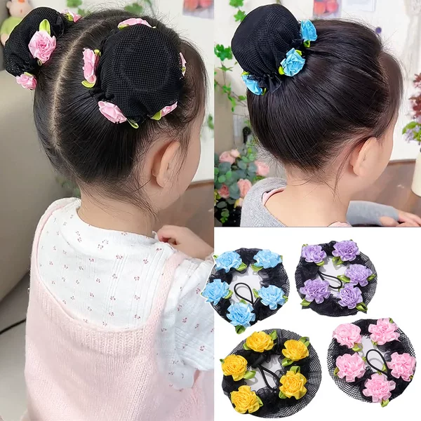 Children's carnation flower drawstring adjustable hairnet for performance and dancing, black invisible bun hairpiece