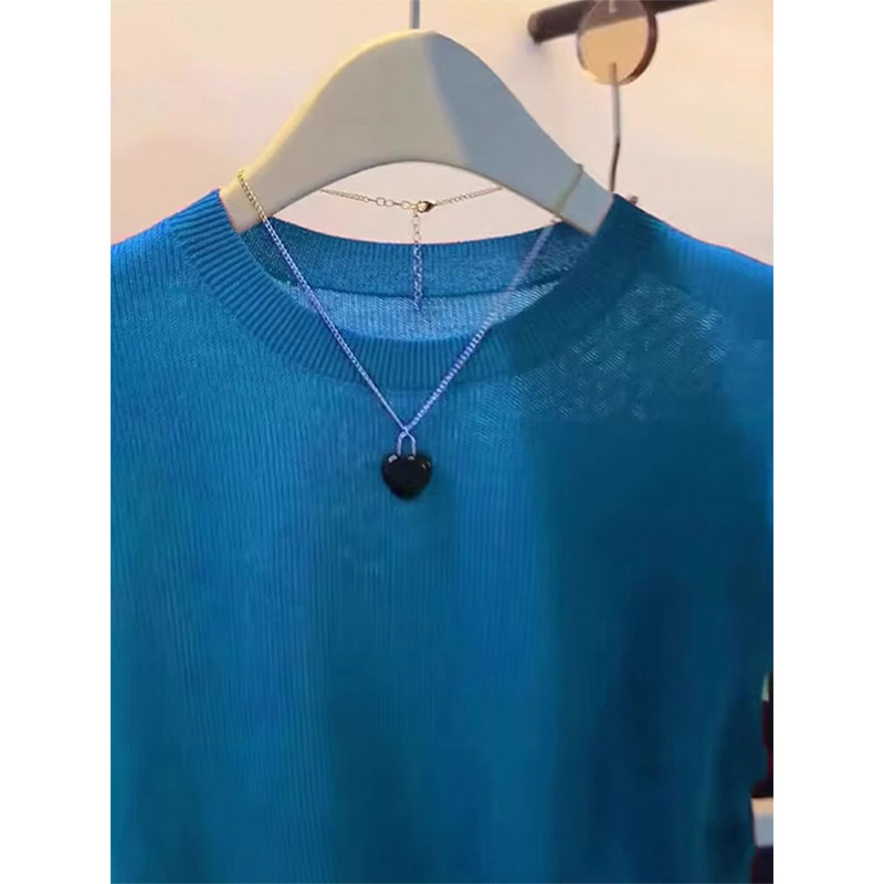 フレンチブルーアイスシルクスモールフライングスリーブ半袖ニットTシャツレディースサマーデザインニッチスリムフィットショートトップ薄手|undefined