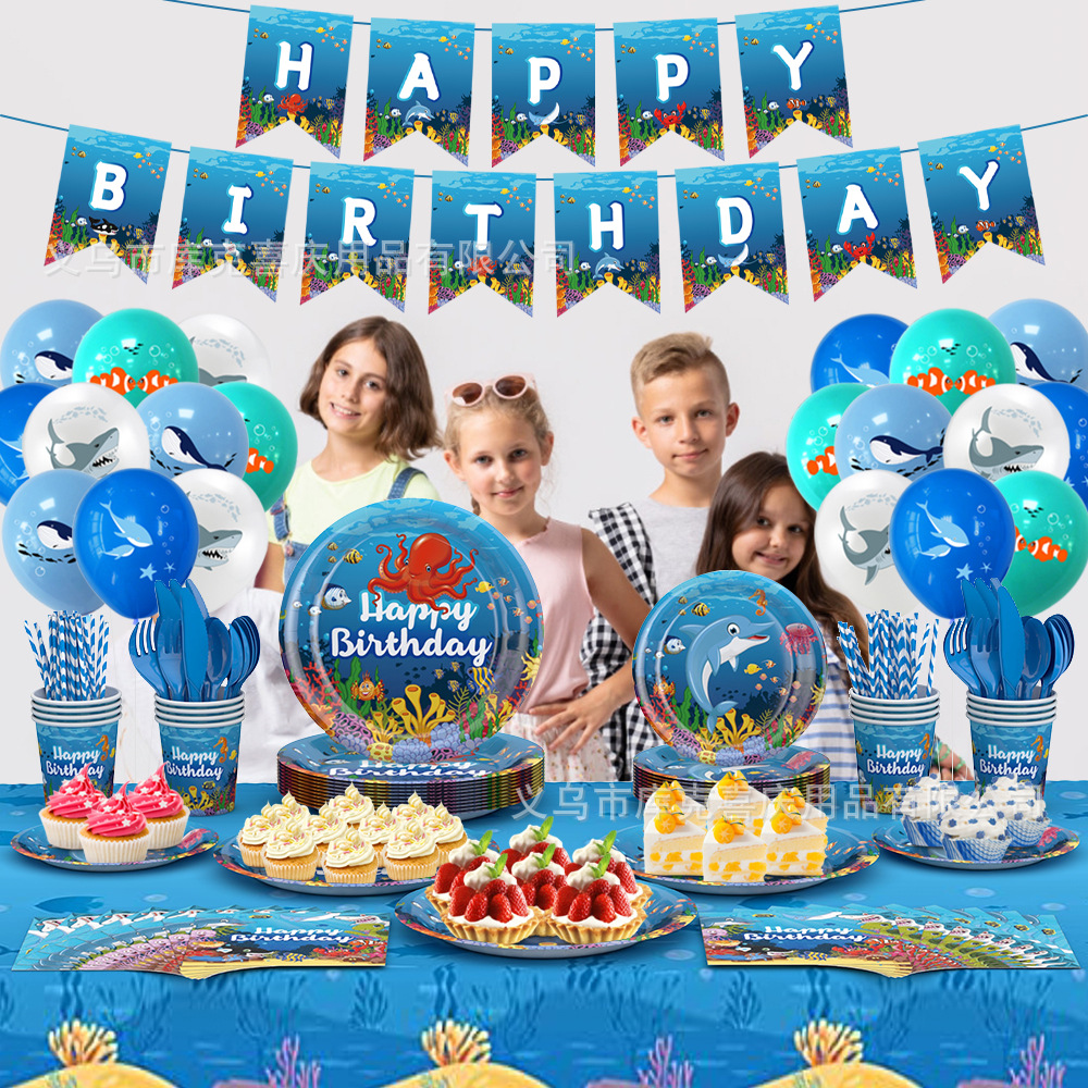 Niños mundo submarino fiesta decoración suministros delfín tema plato de papel desechable taza de papel vajilla tire bandera traje