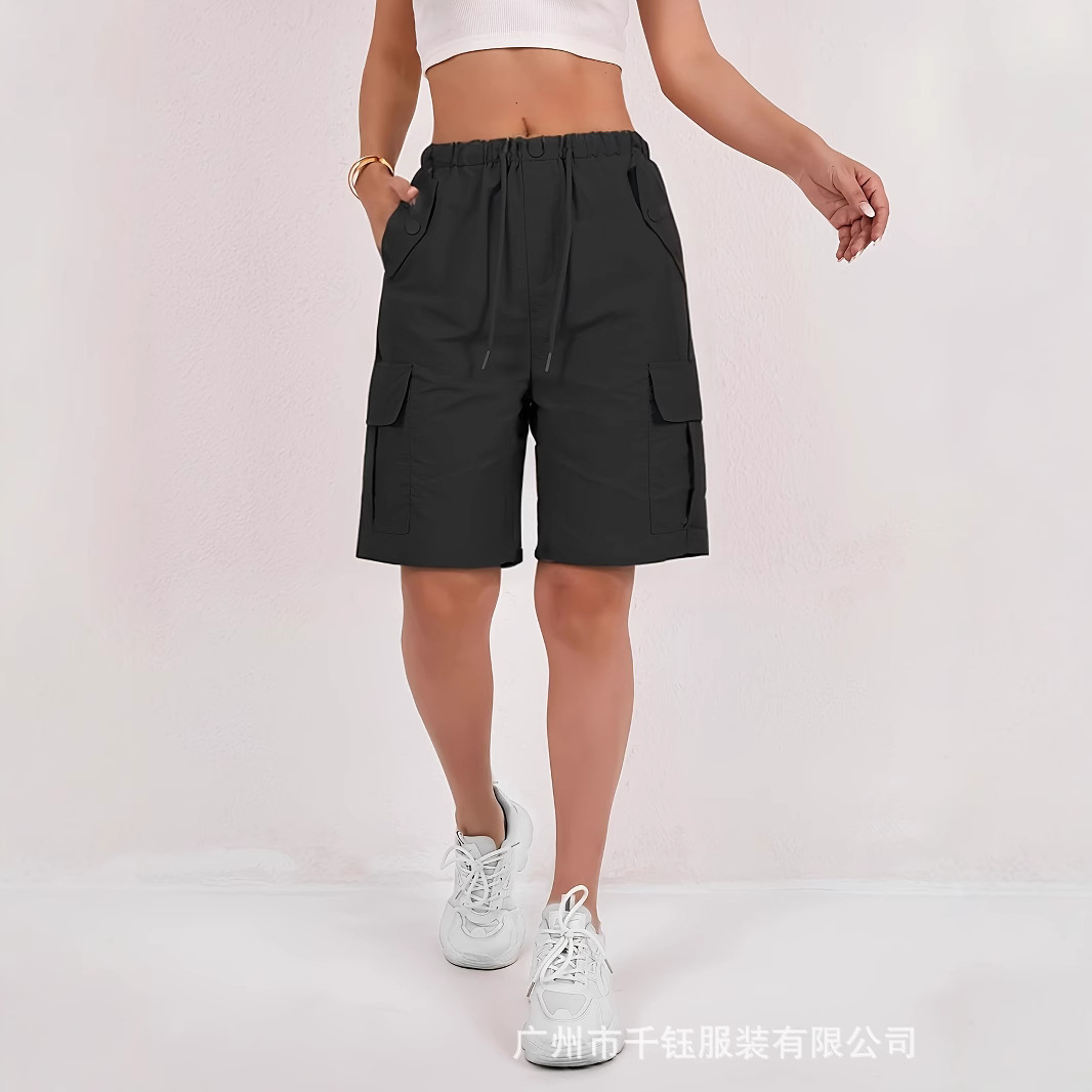 미국 스타일 여성용 작업복 반바지, 멀티 포켓 스포츠 5부 바지, 스트레이트 와이드 레그 미디엄 팬츠, 속건성, 캐주얼 스타일, 다용도 포켓