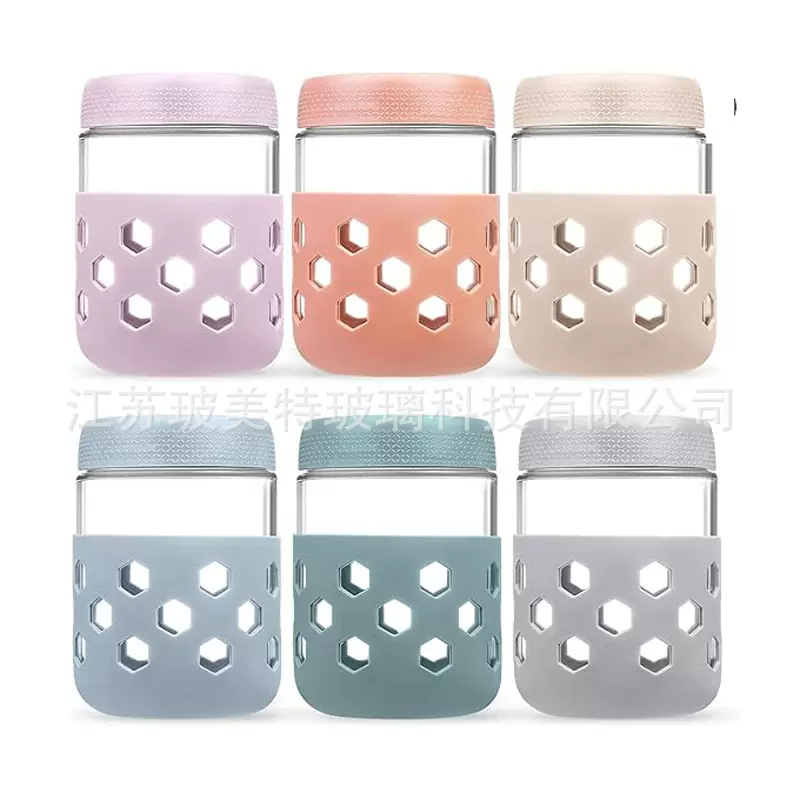 跨境玻璃燕麦杯带隔热硅胶套酸奶杯罐头瓶储物罐密封罐便携牛奶杯