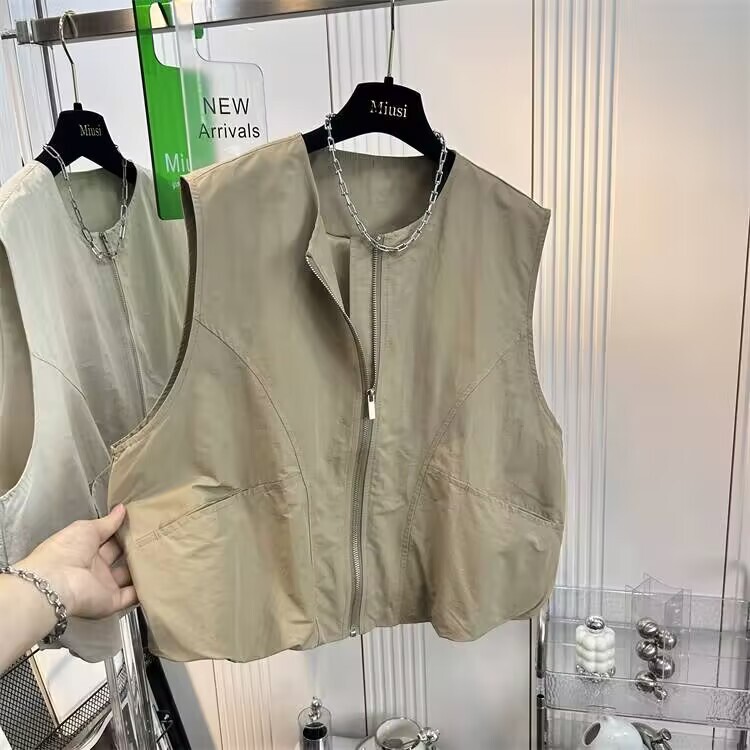 Korean-style collarless zippered work vest for women, 2026 spring and autumn new model, round-neck loose casual sleeveless jacket