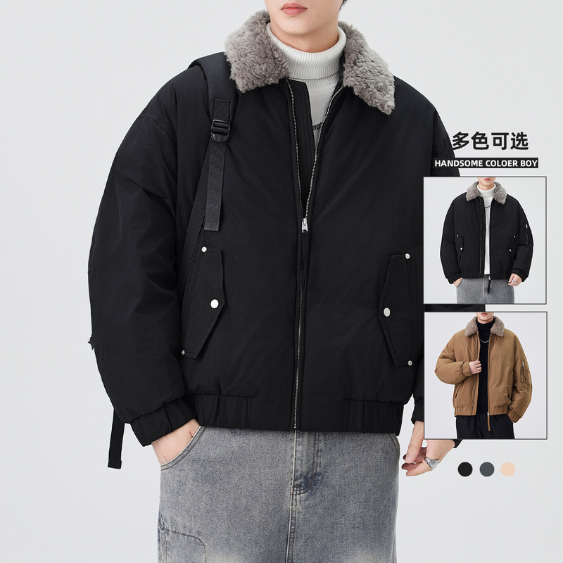 Men's down Jacket Spring and Autumn 2026 New Trendy Brand American Style Fur Collar Heavyweight Warm Fleece Oversized Jacket for Men