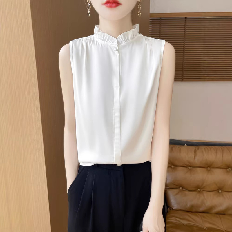 New Satin Blouse for Women, French Style Ruffled Collar, Lace Sleeveless Top, Stylish Silky Versatile Base Layer Tank Top
