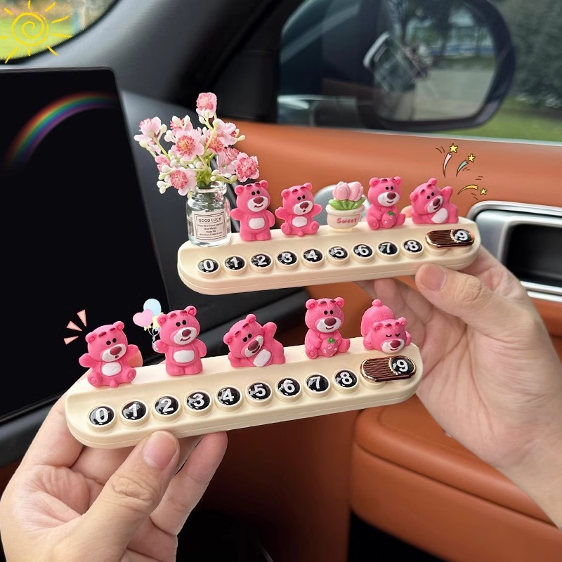 Placa de estacionamiento 2025 nuevo lindo oso de fresa coche tarjeta telefónica accesorios de automóviles adornos de mujer