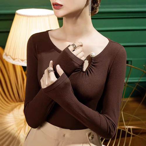 Core yarn spring summer autumn winter new slimming base shirt design sense long sleeve knitted sweater women's bare collar top