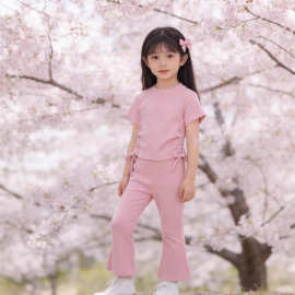 MDD韩版女童短袖套装夏季装2024新款喇叭裤子超薄款休闲两件套潮