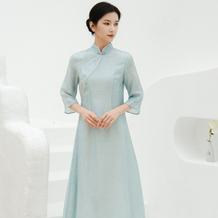 Qing shuzhai 2023 new dress women's high-end Zen tea suit National style improved cheongsam retro tea artist clothing