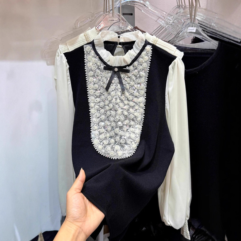 Three-Dimensional Floral Heavy Pearl Sequin Stand Collar Knit Sweater with Chiffon Blouse for a Ladylike Elegant Base Top Trend Three-Dimensional Floral Heavy Pearl Sequin Stand Collar Knit Sweater with Chiffon Blouse for a Ladylike Elegant Base Top Trend