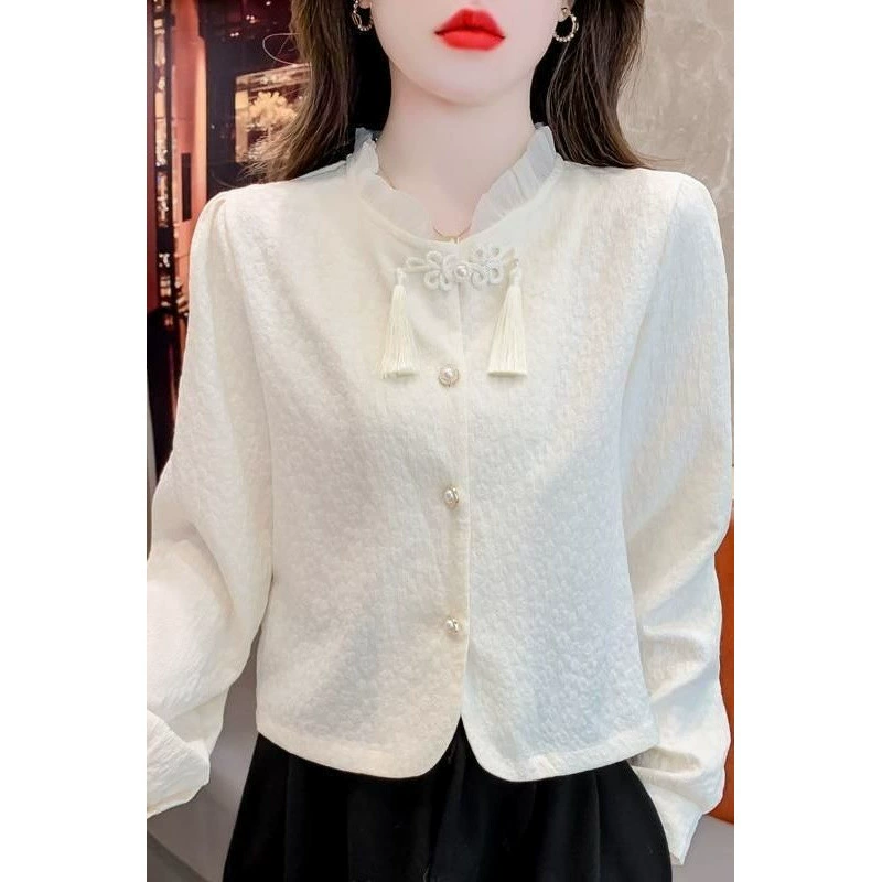 Красивая жаккардовая высококачественная рубашка с длинными рукавами, новый элегантный короткий топ на пуговицах в китайском стиле с воротником-стойкой на пуговицах для женщин ранней осени