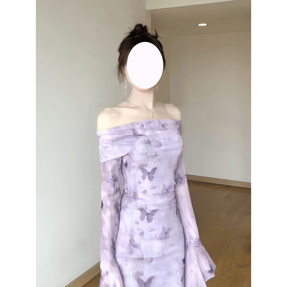 New Chinese Style One-Shoulder Mesh Long-Sleeved Dress for Women Summer Temperament Casual Slim Fit Hip-Hugging Fishtail Dress Cheongsam