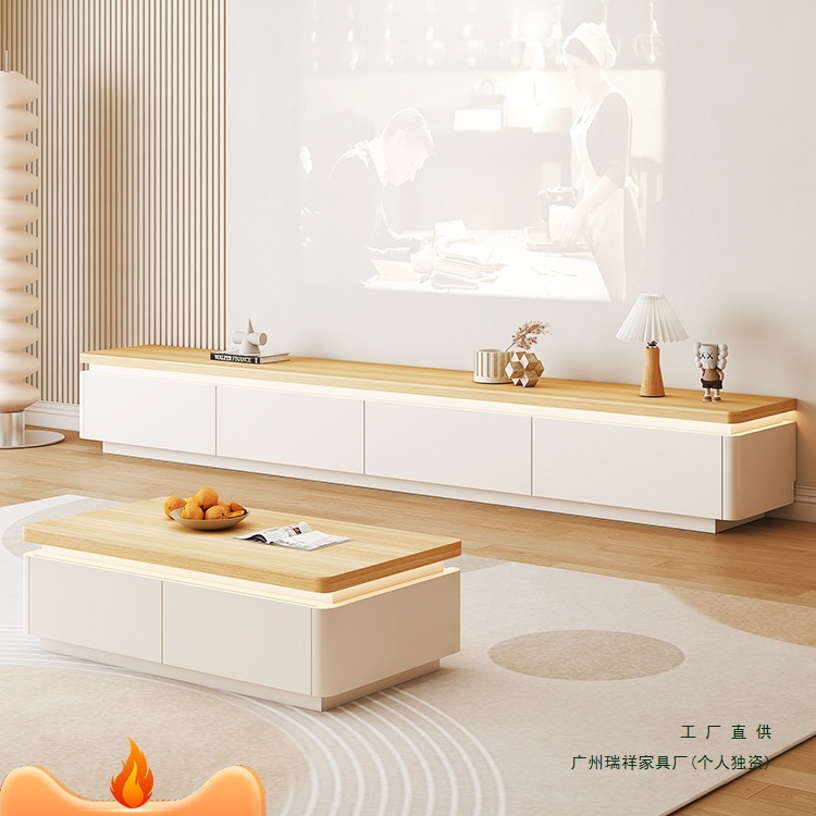 Log Cream Style French Tv Cabinet Coffee Table Combination Rounded Corner Living Room Floor-Standing Home Small Apartment Modern and Simple