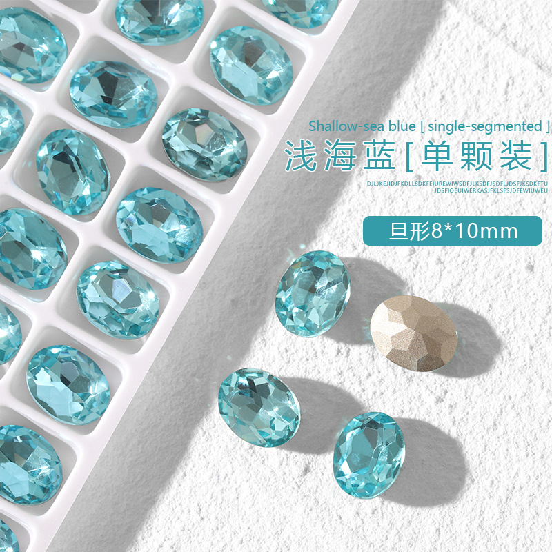 K9 cristal diamante arte de uñas luz mar azul puntiagudo fondo especial en forma de diamante oval torcido melocotón corazón ángulo recto grasa cuadrada joyería de uñas de vidrio