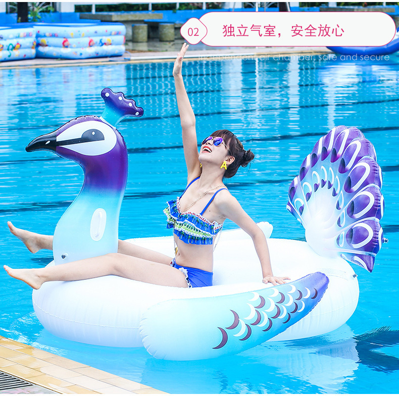 Peacock mounts, adult swimming rings, floating lounge chairs, water sports equipment, inflatable beds for pool photography.