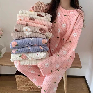 印花水蜜桃暖暖套装女秋冬加绒加厚珊瑚绒睡衣宽松圆领家居服批发