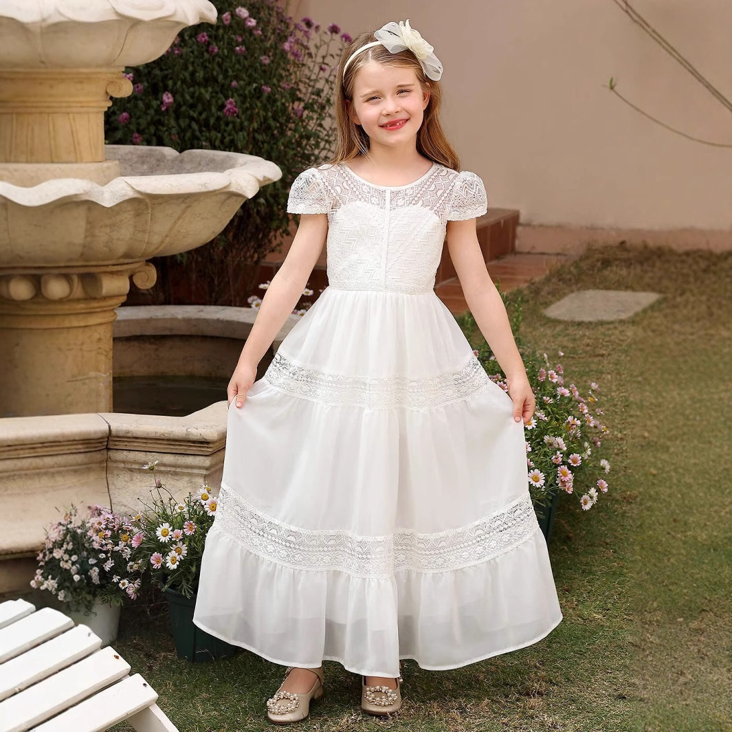 Girls' White Long Dress With Design Elegant Princess Dress Performance And Flower Girl Wedding Short Sleeved Polyester【Pre-sale | Ships In 15 Days】_voghion.com