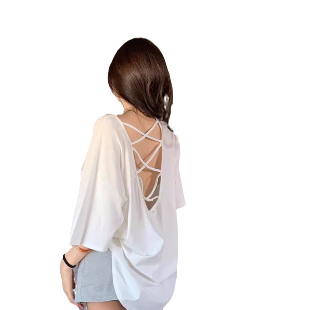 Camiseta de manga corta sin espalda de gran tamaño con máquina de cuidado para mujer 2024 verano nuevo estilo perezoso casual suelto top de longitud media image 6