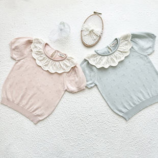 2025 Summer Girls' Ruffled Collar Short Sleeve Knit Top Fashionable Sweet Lace Collar T-Shirt Short Sleeve Hollow Knit Top