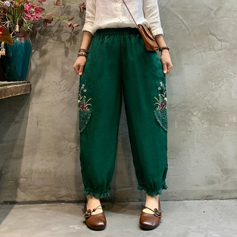 Новые летние женские брюки из хлопка и льна с вышивкой в ​​стиле ретро, ​​укороченные брюки-фонарики в японском стиле