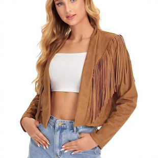 2024 Europe and the United States cross-border autumn new tassel suede solid color lapel short slim autumn and winter coat
