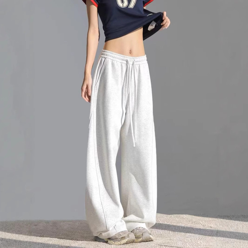 Catteeius Solid Color Sports Pants Unisex Straight Casual Pants Loose Lazy Style Wide-Leg Curved Pants Sweatpants