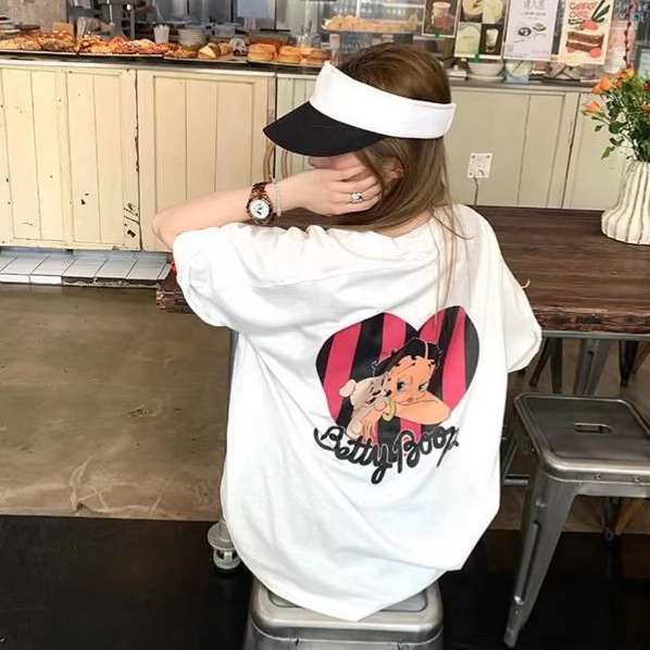 2026 Spring/Summer New Korean Style Loose Betty Print Short Sleeve T-Shirt for Women, Trendy Brand Versatile Slimming Round Neck Top