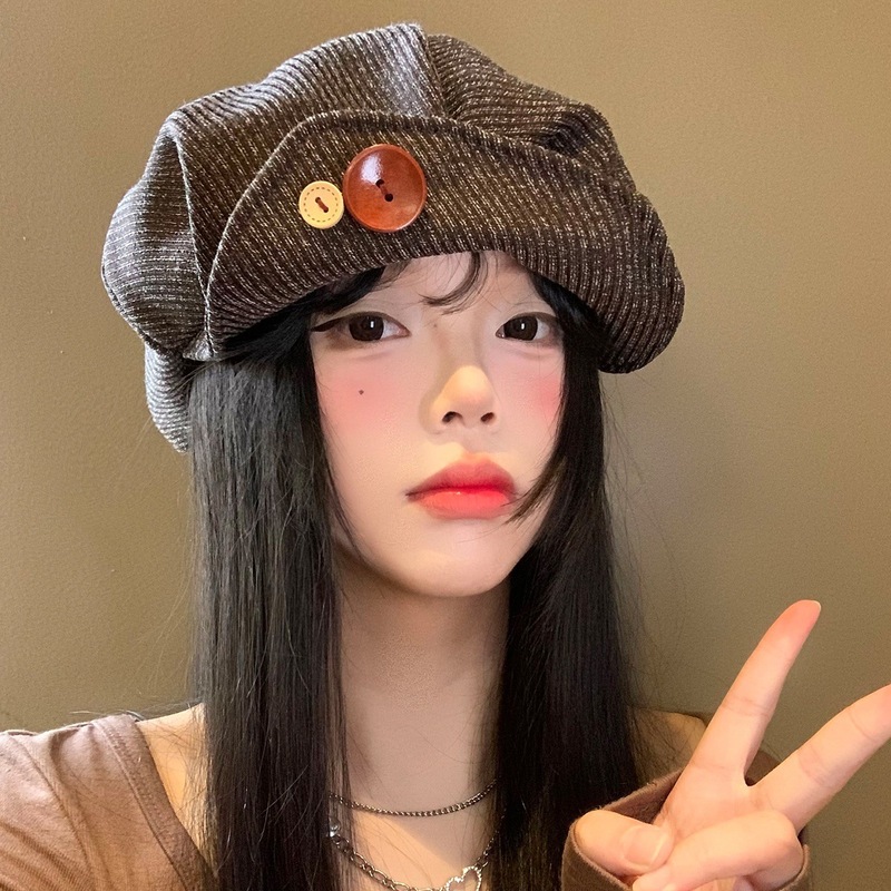 灯芯绒纽扣翻檐贝雷帽女春秋季美拉德大头围八角帽显脸小画家帽子|undefined