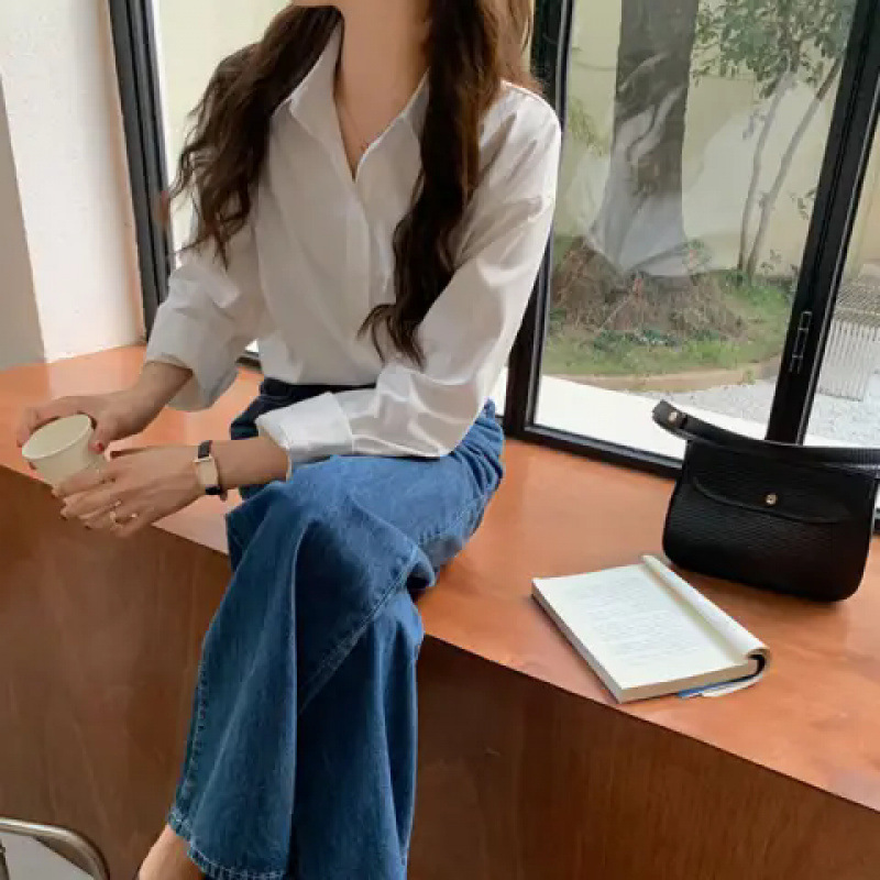 (2개) 시원한 실크 코튼 유니폼 셔츠 봄, 여름, 가을, 겨울 여성용 흰색 긴팔 학생 셔츠 탑