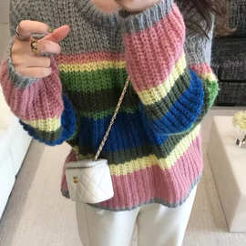 彩虹条纹宽松套头毛衣女2022年秋季新款韩系慵懒风甜美针织衫上衣