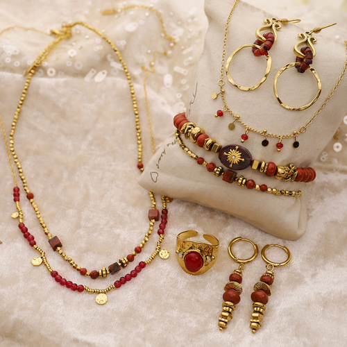 Red series beaded titanium steel necklace bracelet earrings non-fading niche high-end jewelry set cross-border