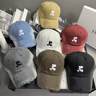 Reba's same American baseball hat for women in summer, old ripped letter embroidery, big head circumference, face-showing small duckling cap